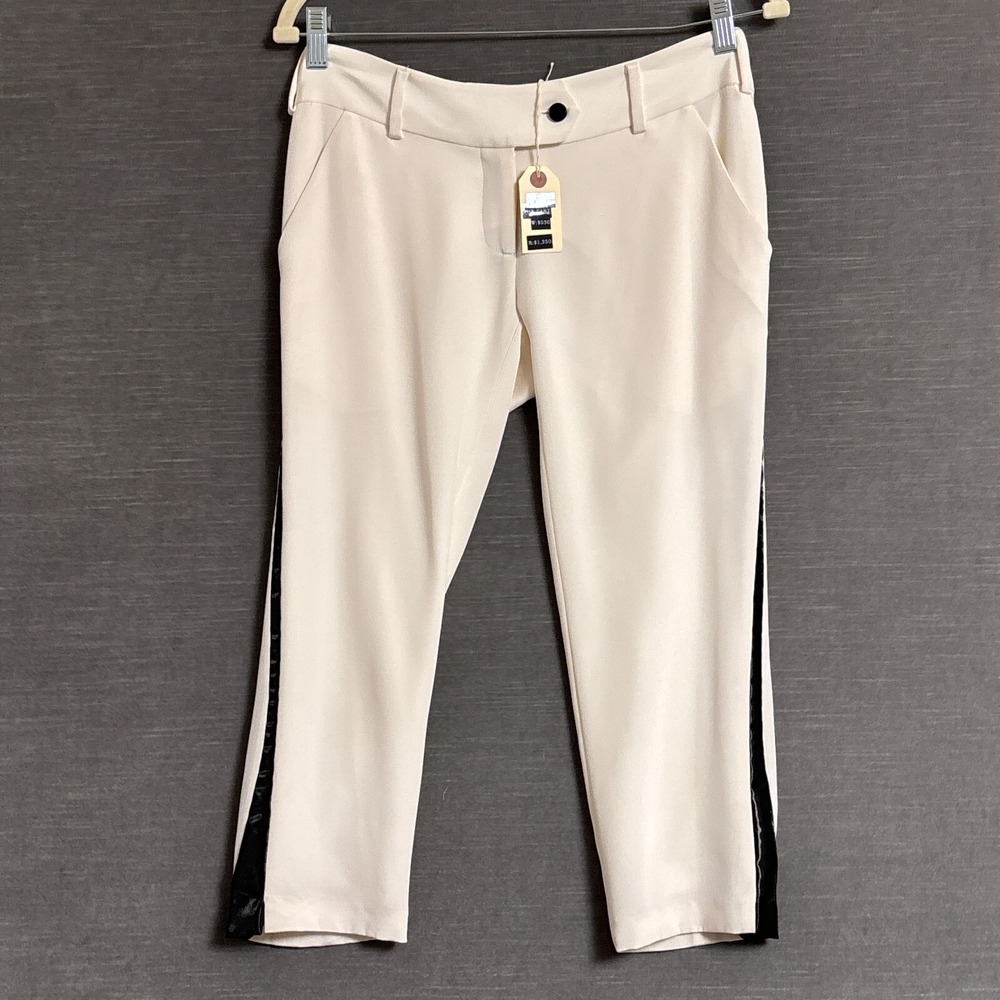 Norisol Ferrari Pants‎ 4 Cream Gray Tuxedo Silk Cropped Luxury Cocktail Wedding